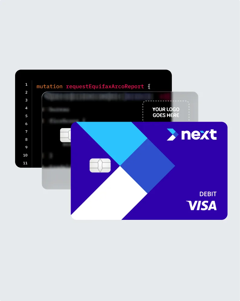 Productfy card issuing — stacked debit card designs with the Next Visa card in front.